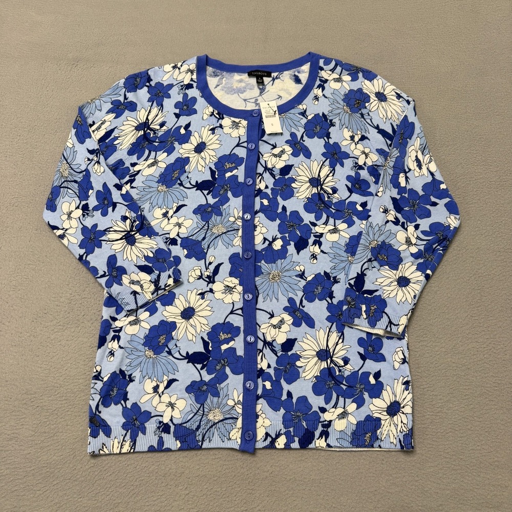 Talbots Sweater Womens Small Blue Floral Cardigan Coastal Classic Preppy Button